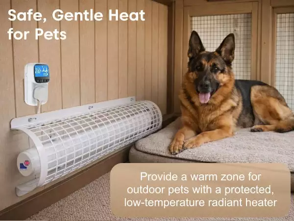 Morris tubular electric heater with thermostat and timer and guard set for the dog kennel