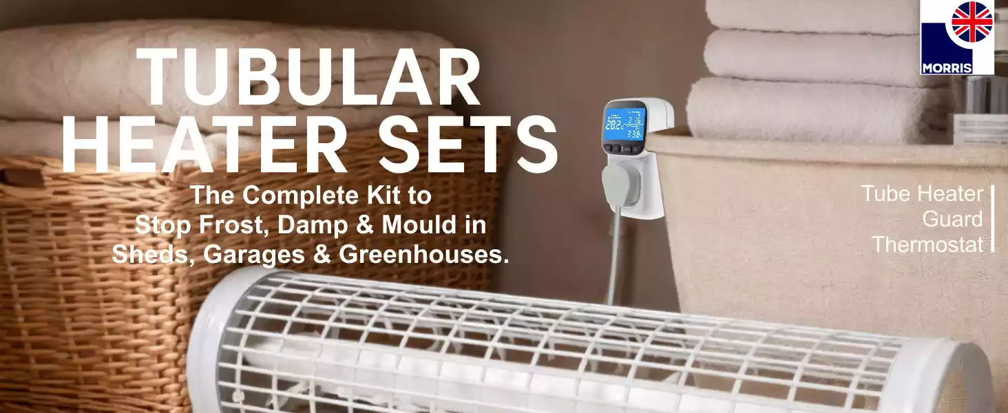 Morris tubular electric heater with thermostat and timer and guard set