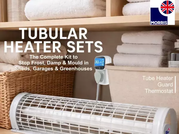 Morris tubular electric heater with thermostat and timer and guard set