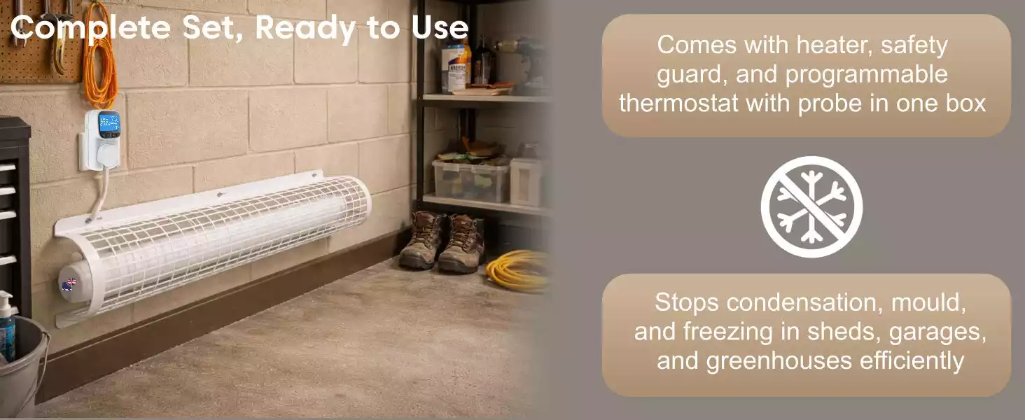 Morris tubular electric heater with thermostat and timer and guard set ready to use